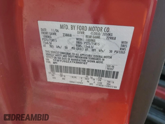 2007 Ford Escape XLS with VIN 1FMYU92ZX7KB69167, listed as a Copart auction lot 59600185 with 162,442 mi miles and Salvage title. Bid and sale history available at DreamBid. Image 13.