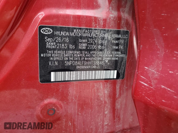 2017 Hyundai Elantra Limited с VIN 5NPD84LF9HH138846, выставлен на аукционе Copart как лот 43512055 с пробегом 109 702 миль миль и Списание • Salvage title. История ставок и продаж доступна на DreamBid. Изображение 12.