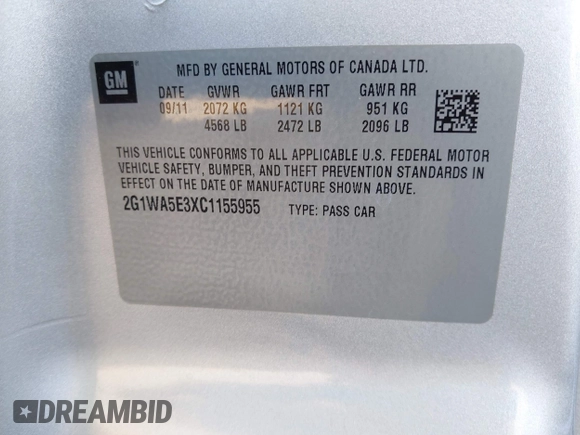2012 Chevrolet Impala LS Retail with VIN 2G1WA5E3XC1155955, listed as a IAAI auction lot 41459752 with 67,846 mi miles and . Bid and sale history available at DreamBid. Image 9.