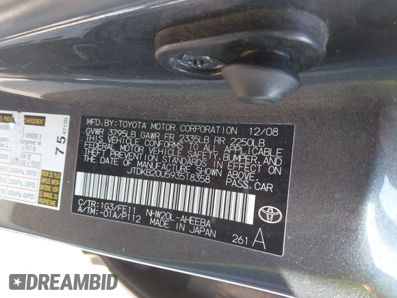 2009 Toyota Prius with VIN JTDKB20U593518358, listed as a IAAI auction lot 41916937 with 237,899 mi miles and . Bid and sale history available at carsss.com. Image 9.