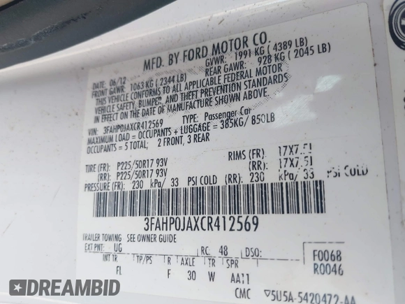 2012 Ford Fusion SEL z VIN 3FAHP0JAXCR412569, wystawiony jako IAAI lot #41420304 z przebiegiem 174 369 mil mil oraz . Historia ofert i sprzedaży dostępna na DreamBid. Obrazek 9.