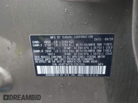 2020 Subaru Outback Touring z VIN 4S4BTAPC9L3267268, wystawiony jako IAAI lot #41865981 z przebiegiem Nie podano mil oraz . Historia ofert i sprzedaży dostępna na DreamBid. Obrazek 9.