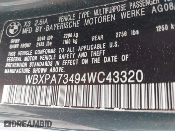 2004 BMW X3 2.5i with VIN WBXPA73494WC43320, listed as a IAAI auction lot 41854091 with 165,368 mi miles. Bid and sale history available at carsss.com. Image 9.