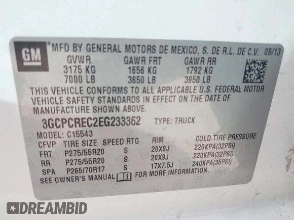 2014 Chevrolet Silverado 1500 LT with VIN 3GCPCREC2EG233362, listed as a IAAI auction lot 41685630 with 229,937 mi miles. Bid and sale history available at carsss.com. Image 9.