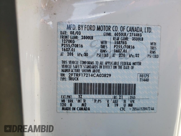 2004 Ford F-150 XL с VIN 2FTRF17214CA03829, выставлен на аукционе Copart как лот 56030355 с пробегом Не указан миль и Списание • Salvage title. История ставок и продаж доступна на DreamBid. Изображение 12.