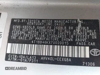 2007 Toyota Camry with VIN 4T1BB46KX7U020015, listed as a IAAI auction lot 42411157 with 256,430 mi miles and . Bid and sale history available at DreamBid. Image 9.