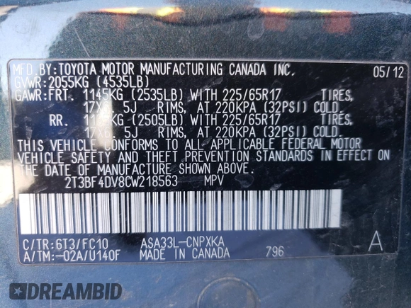 2012 Toyota RAV4 with VIN 2T3BF4DV8CW218563, listed as a Copart auction lot 56058355 with 194,710 mi miles and Non repairable. Bid and sale history available at DreamBid. Image 14.