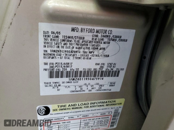 2005 Ford Freestyle SE with VIN 1FMZK01195GA75914, listed as a Copart auction lot 62560335 with Not provided miles and Salvage title. Bid and sale history available at DreamBid. Image 14.