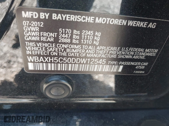 2013 BMW 5 Series 528i xDrive with VIN WBAXH5C50DDW12545, listed as a IAAI auction lot 42139257 with 140,710 mi miles and . Bid and sale history available at carsss.com. Image 9.