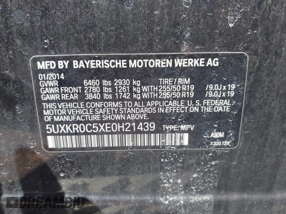 2014 BMW X5 xDrive35i with VIN 5UXKR0C5XE0H21439, listed as a IAAI auction lot 42031622 with 1 mi miles. Bid and sale history available at carsss.com. Image 9.