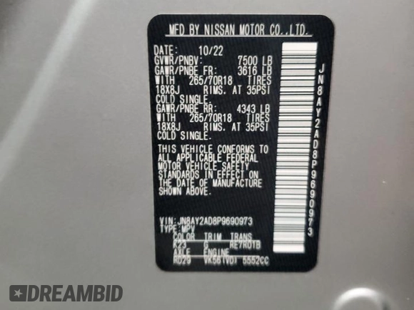 2023 Nissan Armada SV with VIN JN8AY2AD8P9690973, listed as a Copart auction lot 41570965 with 41,414 mi miles and Salvage title. Bid and sale history available at DreamBid. Image 13.