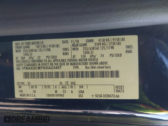 2019 Ford Transit Passenger XL with VIN 1FBAX2CM7KKA23457, listed as a IAAI auction lot 41691717 with 216,012 mi miles. Bid and sale history available at carsss.com. Image 9.