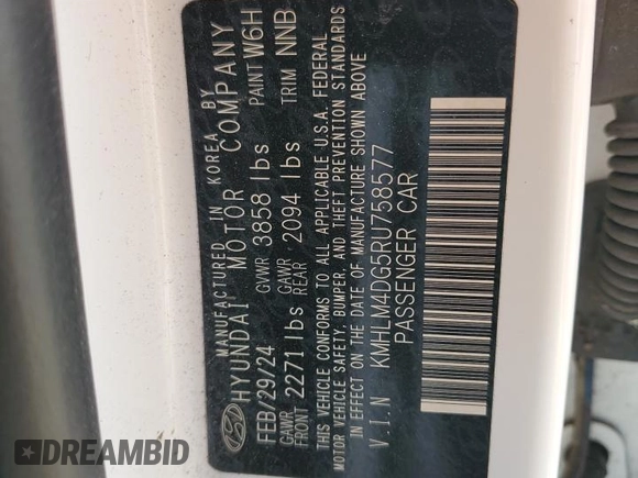 2024 Hyundai Elantra SEL with VIN KMHLM4DG5RU758577, listed as a Copart auction lot 54337735 with 23,082 mi miles and Salvage title. Bid and sale history available at DreamBid. Image 12.