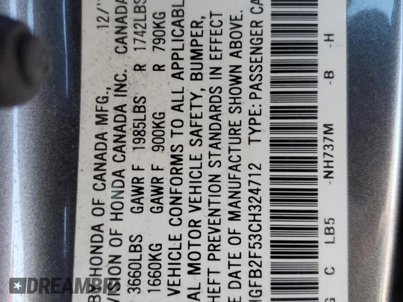 2012 Honda Civic LX z VIN 2HGFB2F53CH324712, wystawiony jako Copart lot #46248345 z przebiegiem 316 459 mil mil oraz Szkoda całkowita • Salvage title. Historia ofert i sprzedaży dostępna na DreamBid. Obrazek 12.