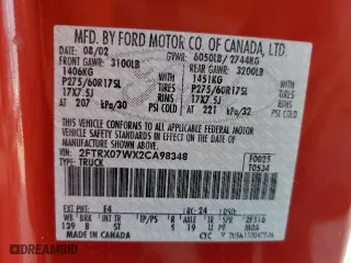 2002 Ford F-150 XL with VIN 2FTRX07WX2CA98348, listed as a Copart auction lot 43705135 with 204,718 mi miles and Salvage Title. Bid and sale history available at carsss.com. Image 13.