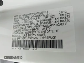 2023 Honda Ridgeline RTL z VIN 5FPYK3F51PB028295, wystawiony jako IAAI lot #42031783 z przebiegiem 39 228 mil mil oraz . Historia ofert i sprzedaży dostępna na DreamBid. Obrazek 9.