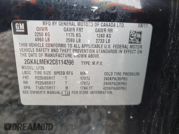 2012 GMC Terrain SLE-1 z VIN 2GKALMEK2C6114398, wystawiony jako Copart lot #51642185 z przebiegiem 165 794 mil mil oraz Szkoda całkowita • Salvage title. Historia ofert i sprzedaży dostępna na DreamBid. Obrazek 12.