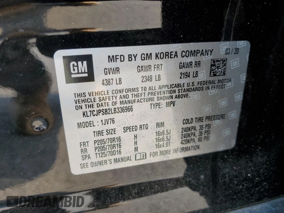 2020 Chevrolet Trax LT with VIN KL7CJPSB2LB336966, listed as a Copart auction lot 59807465 with 31,878 mi miles and Salvage title. Bid and sale history available at DreamBid. Image 12.