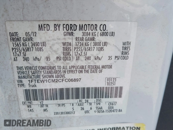 2012 Ford F-150 XL with VIN 1FTEW1CM2CFC06897, listed as a IAAI auction lot 41641309 with 123,853 mi miles. Bid and sale history available at carsss.com. Image 9.