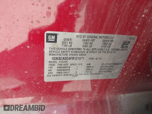 2015 Chevrolet Tahoe LS with VIN 1GNSCAEC4FR121571, listed as a IAAI auction lot 42499156 with 131,284 mi miles and . Bid and sale history available at DreamBid. Image 9.
