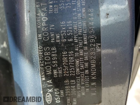 2009 Kia Sedona LX with VIN KNDMB233296314448, listed as a Copart auction lot 75161304 with 0 mi miles and Salvage Title. Bid and sale history available at carsss.com. Image 13.