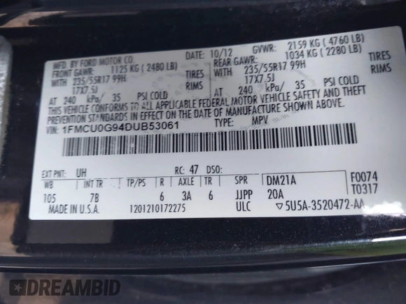 2013 Ford Escape SE with VIN 1FMCU0G94DUB53061, listed as a IAAI auction lot 41781462 with 220,915 mi miles. Bid and sale history available at carsss.com. Image 9.