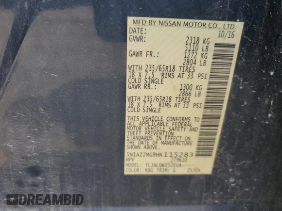 2017 Nissan Murano SV with VIN 5N1AZ2MG9HN115283, listed as a Copart auction lot 63035814 with 129,018 mi miles and Salvage Title. Bid and sale history available at carsss.com. Image 16.