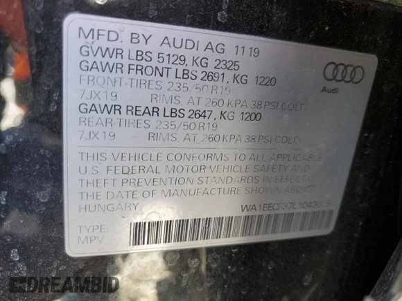 2020 Audi Q3 S line Premium Plus с VIN WA1EECF37L1043009, выставлен на аукционе Copart как лот 47324095 с пробегом 85 320 миль миль и Списание • Salvage title. История ставок и продаж доступна на DreamBid. Изображение 15.