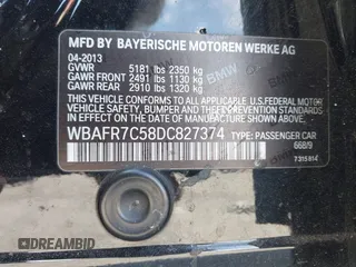 2013 BMW 5 Series 535i with VIN WBAFR7C58DC827374, listed as a IAAI auction lot 41942647 with 130,586 mi miles and . Bid and sale history available at DreamBid. Image 9.