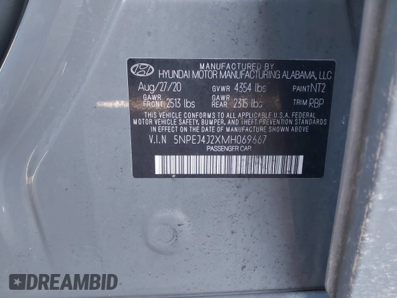 2021 Hyundai Sonata SEL Plus with VIN 5NPEJ4J2XMH069667, listed as a IAAI auction lot 41812876 with 69,326 mi miles and . Bid and sale history available at DreamBid. Image 9.