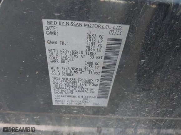 2013 Nissan Pathfinder SL with VIN 5N1AR2MMXDC643894, listed as a IAAI auction lot 41906915 with 138,744 mi miles. Bid and sale history available at carsss.com. Image 9.