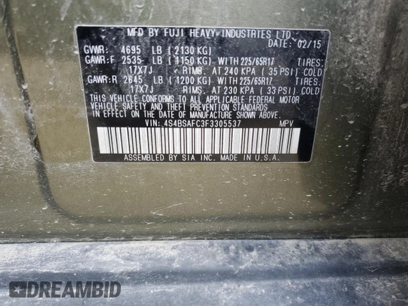 2015 Subaru Outback Premium with VIN 4S4BSAFC3F3305537, listed as a Copart auction lot 55575665 with 91,235 mi miles and Salvage title. Bid and sale history available at DreamBid. Image 13.