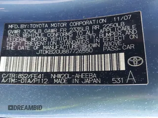 2008 Toyota Prius with VIN JTDKB20U887726550, listed as a IAAI auction lot 41211390 with 205,848 mi miles. Bid and sale history available at carsss.com. Image 9.
