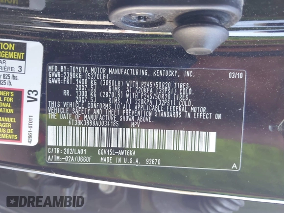 2010 Toyota Venza with VIN 4T3BK3BB8AU034185, listed as a IAAI auction lot 41967775 with 95,849 mi miles. Bid and sale history available at carsss.com. Image 8.