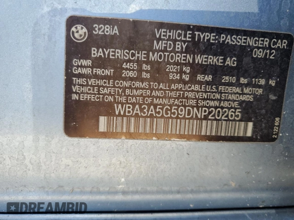 2013 BMW 3 Series 328i with VIN WBA3A5G59DNP20265, listed as a Copart auction lot 61650995 with 221,317 mi miles and Clean title. Bid and sale history available at DreamBid. Image 12.