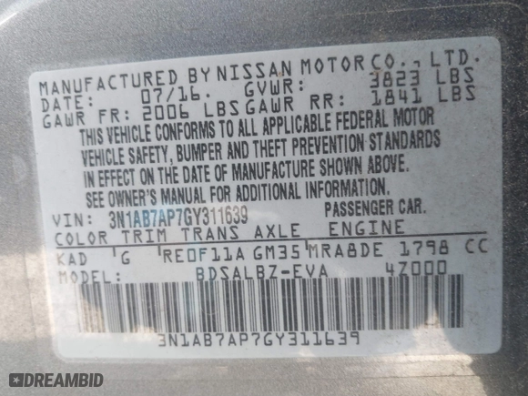 2016 Nissan Sentra SL with VIN 3N1AB7AP7GY311639, listed as a IAAI auction lot 41775139 with 105,183 mi miles. Bid and sale history available at carsss.com. Image 9.