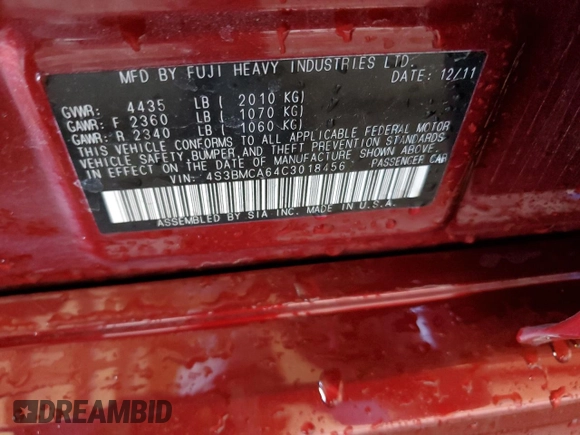 2012 Subaru Legacy 2.5i with VIN 4S3BMCA64C3018456, listed as a Copart auction lot 49495655 with 124,054 mi miles and Salvage Title. Bid and sale history available at carsss.com. Image 12.