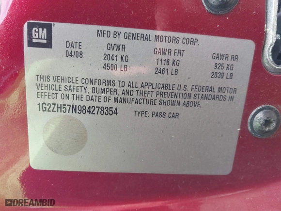 2008 Pontiac G6 GT with VIN 1G2ZH57N984278354, listed as a IAAI auction lot 41917691 with 180,691 mi miles. Bid and sale history available at carsss.com. Image 9.