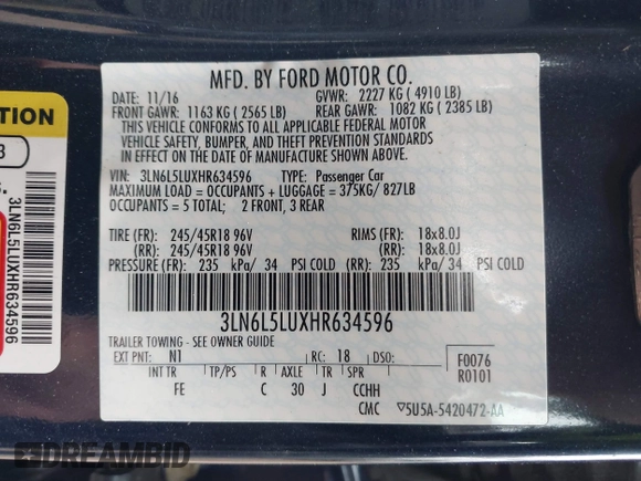 2017 Lincoln MKZ Hybrid Select with VIN 3LN6L5LUXHR634596, listed as a IAAI auction lot 42017138 with 103,195 mi miles and . Bid and sale history available at DreamBid. Image 9.