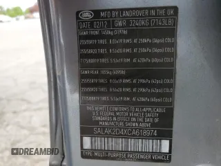 2012 Land Rover LR4 Lux с VIN SALAK2D4XCA618974, выставлен на аукционе Copart как лот 53822565 с пробегом 149 407 миль миль и Списание • Salvage title. История ставок и продаж доступна на DreamBid. Изображение 12.