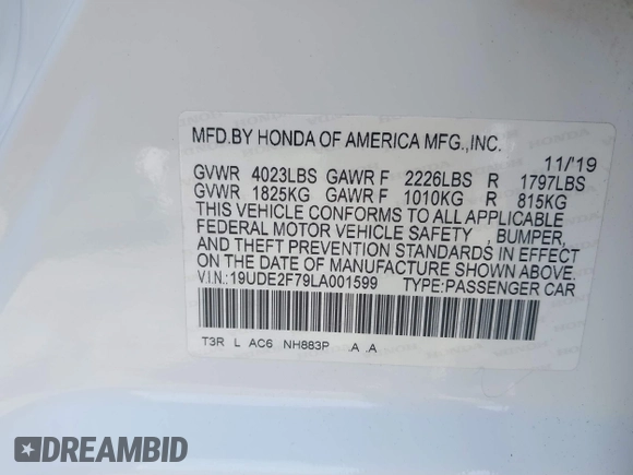 2020 Acura ILX Premium with VIN 19UDE2F79LA001599, listed as a IAAI auction lot 42167075 with 52,208 mi miles and . Bid and sale history available at DreamBid. Image 9.