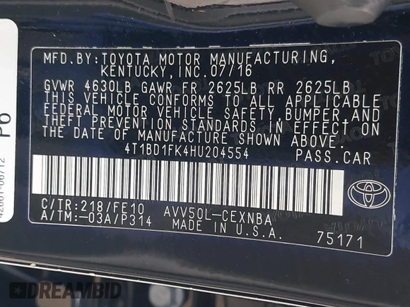 2017 Toyota Camry Hybrid LE with VIN 4T1BD1FK4HU204554, listed as a IAAI auction lot 41888189 with 158,791 mi miles. Bid and sale history available at carsss.com. Image 9.
