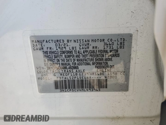 2021 Nissan Kicks SV with VIN 3N1CP5CV4ML493965, listed as a Copart auction lot 51389945 with 43,960 mi miles and Salvage Title. Bid and sale history available at DreamBid. Image 16.