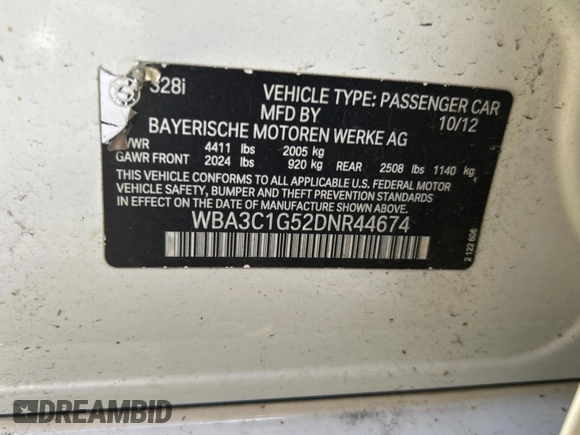 2013 BMW 3 Series 328i с VIN WBA3C1G52DNR44674, выставлен на аукционе Copart как лот 65596255 с пробегом Не указан миль и Чистый • Clean title. История ставок и продаж доступна на DreamBid. Изображение 10.