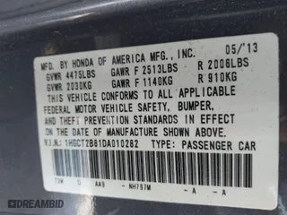 2013 Honda Accord Cpe EX-L with VIN 1HGCT2B81DA010282, listed as a IAAI auction lot 41418323 with 99,183 mi miles. Bid and sale history available at carsss.com. Image 9.