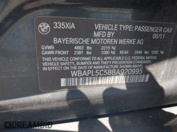 2011 BMW 3 Series 335i xDrive with VIN WBAPL5C58BA920995, listed as a IAAI auction lot 42522660 with Not provided miles and . Bid and sale history available at DreamBid. Image 9.