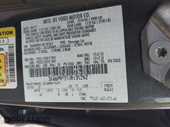 2018 Ford Fusion Energi SE with VIN 3FA6P0PU1JR130262, listed as a IAAI auction lot 41495217 with 68,708 mi miles. Bid and sale history available at carsss.com. Image 9.