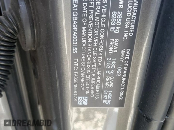 2023 Lucid Air Grand Touring z VIN 50EA1GBA9PA003155, wystawiony jako Copart lot #55441165 z przebiegiem 6 078 mil mil oraz Szkoda całkowita • Salvage title. Historia ofert i sprzedaży dostępna na DreamBid. Obrazek 12.