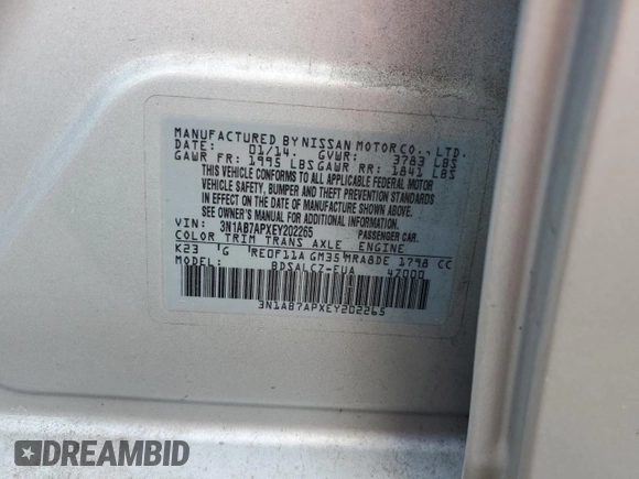 2014 Nissan Sentra SV z VIN 3N1AB7APXEY202265, wystawiony jako Copart lot #56603715 z przebiegiem 239 005 mil mil oraz Szkoda całkowita • Salvage title. Historia ofert i sprzedaży dostępna na DreamBid. Obrazek 12.