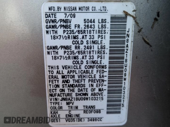 2009 Nissan Murano SL with VIN JN8AZ18U09W103215, listed as a Copart auction lot 74713684 with 0 mi miles and Salvage Title. Bid and sale history available at carsss.com. Image 14.